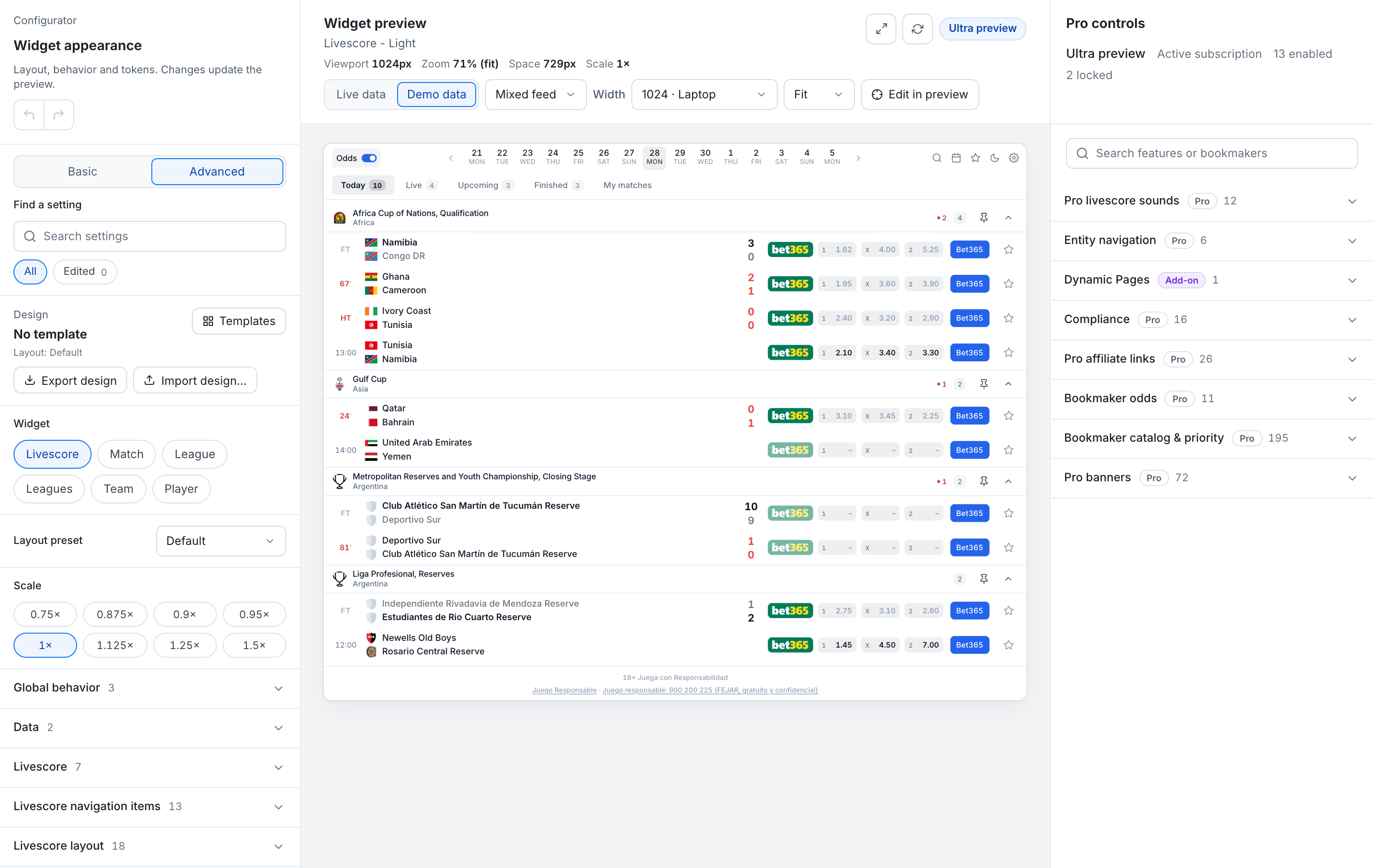 The configurator: settings on the left, live preview in the middle, plan features on the right