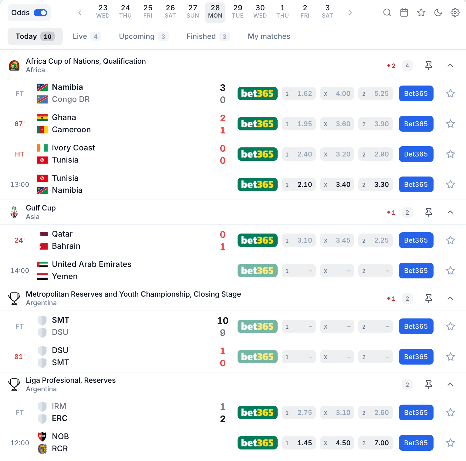 The Livescore widget with demo data